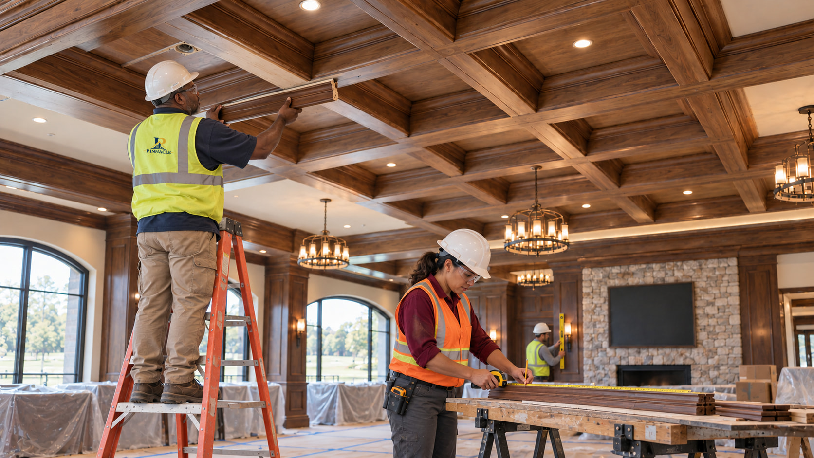 Illustration of a coffered wood ceiling and running trim