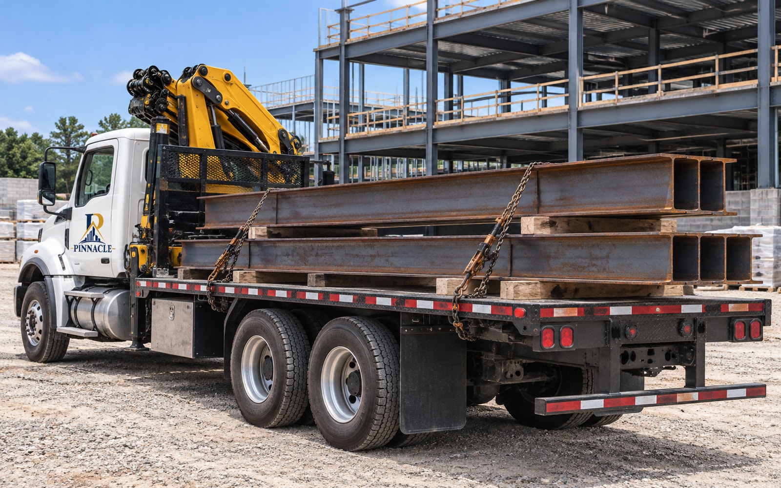 Illustration of secured structural steel on a flatbed with a folded crane