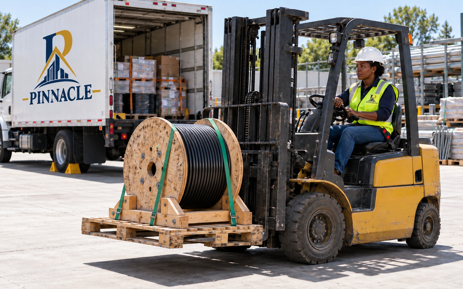 Illustration of a seated forklift operator moving a braced cable reel on a pallet across level ground