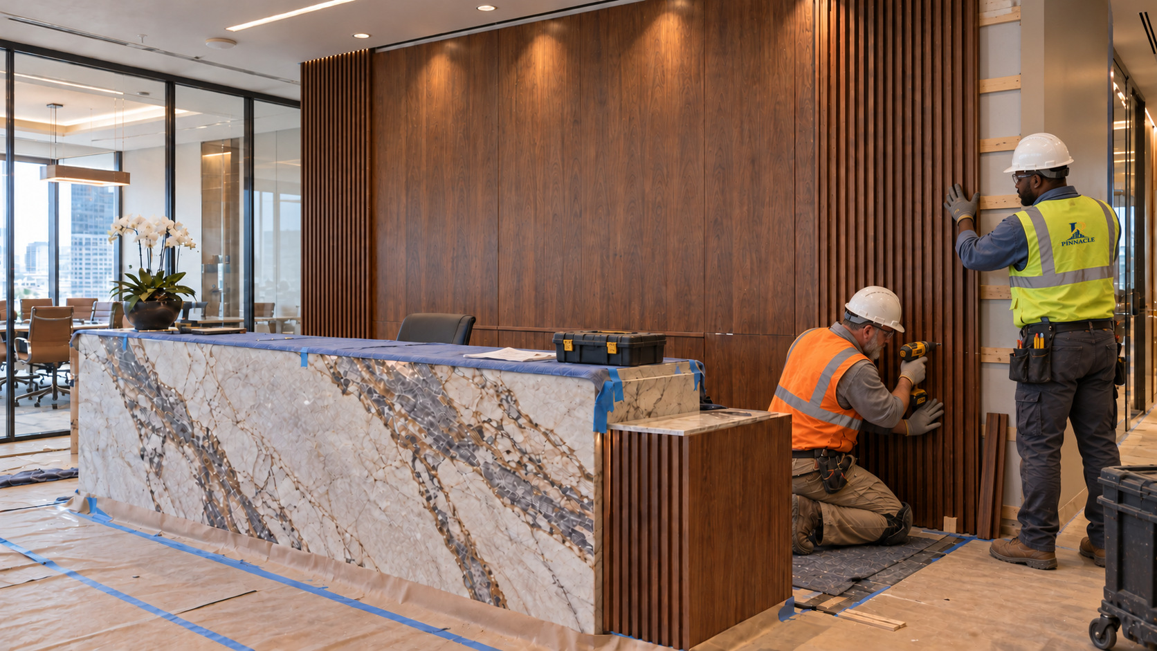 Illustration of architectural millwork and a reception counter