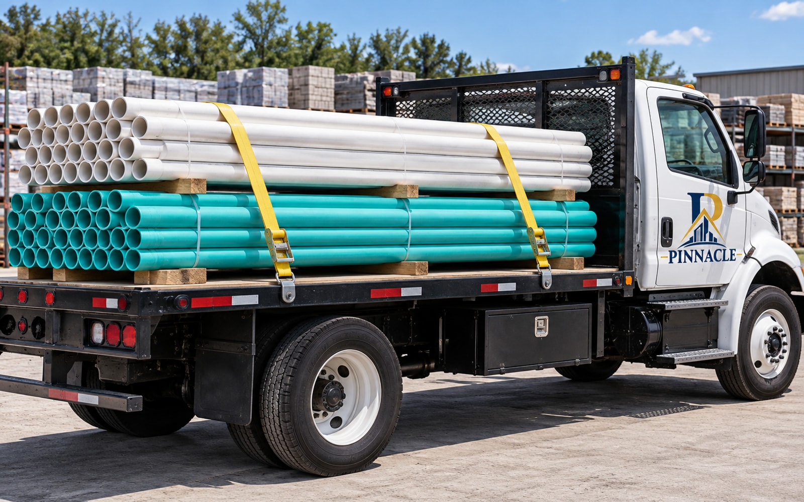 Illustration of a flatbed loaded with PVC pipe