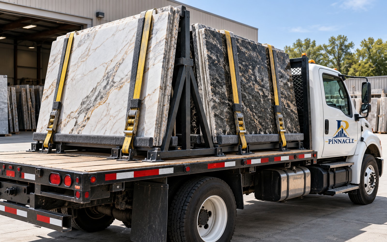 Illustration of stone slabs secured in a padded transport rack on a flatbed