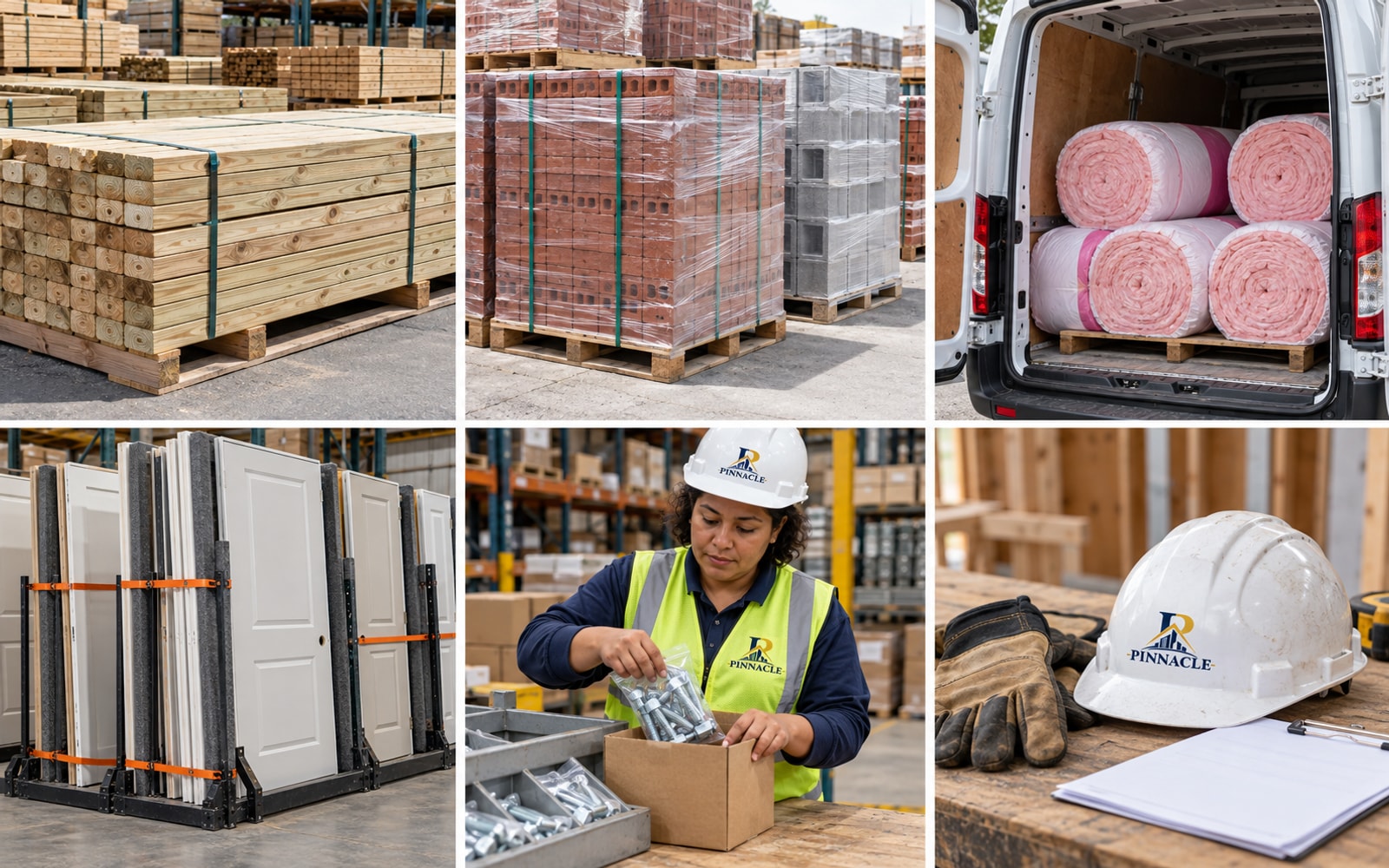 Illustration of prepared construction materials, secured door racks and a worker packing boxed fasteners